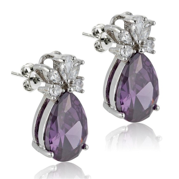 Amethyst CZ Pear Shape 18K WGP Earrings - Picture 3 of 4